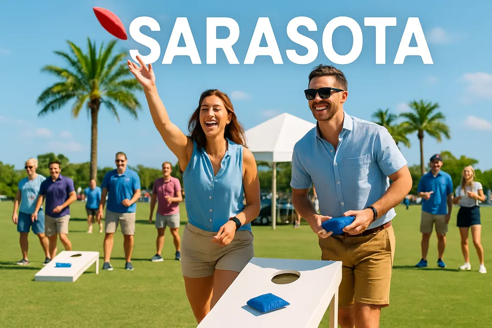 Outdoor editorial photograph for 2026 MYP Cornhole Tournament: Business & Bean Bags